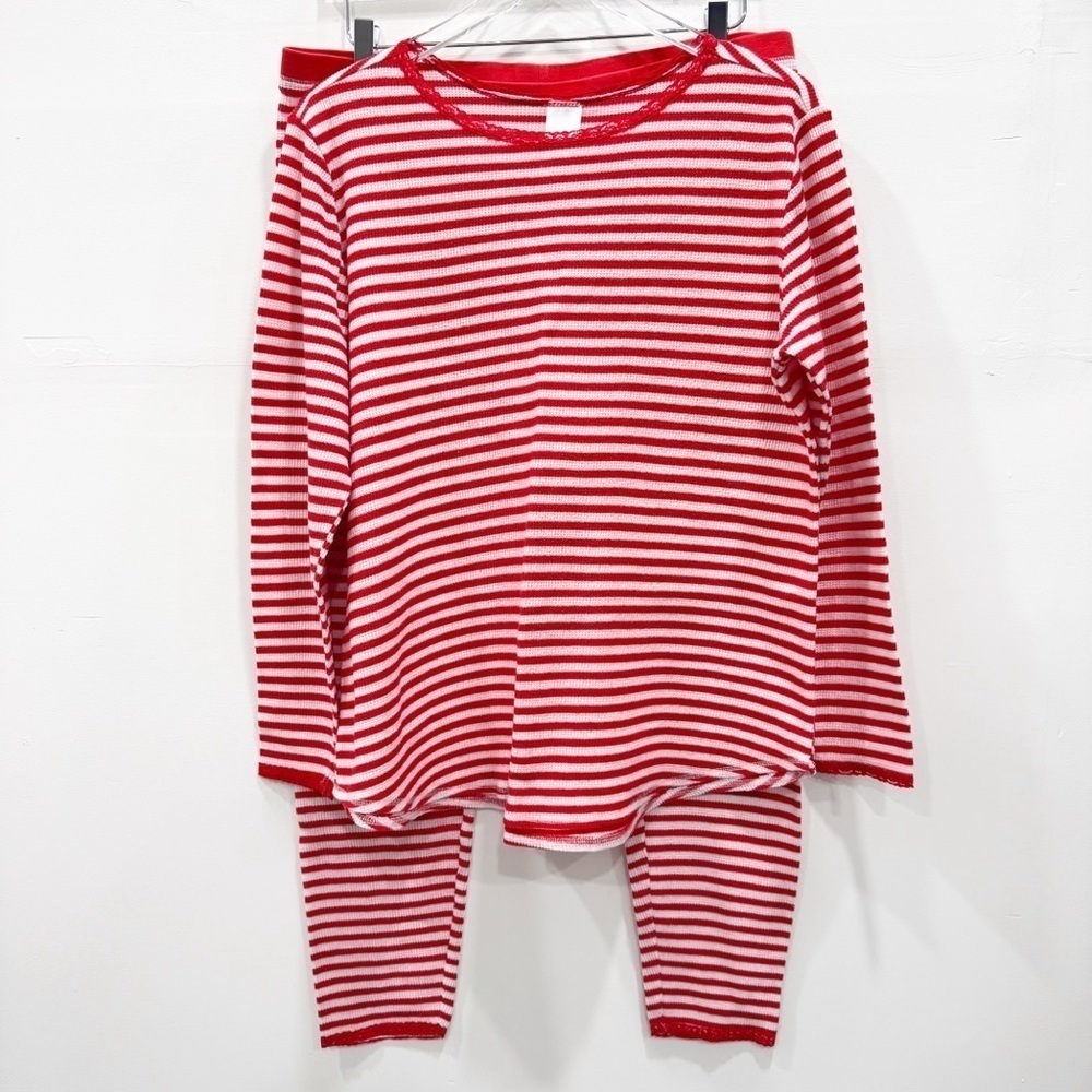 Rachel Parcell Red White Stripe Thermal Pajama Set XL